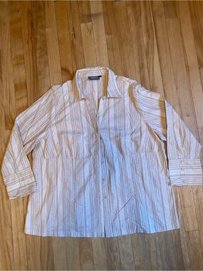 Y2K Cotton Button-Front Striped Blouse White Tan Size XL Sparkle Thread Coquette